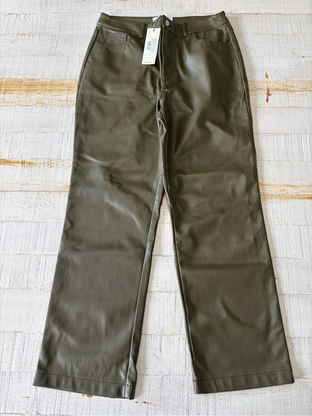 Never Fully Dressed NWT size 8 US Vegan Leather Trousers Olive Green Faux